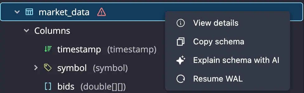 Table context menu for quick actions